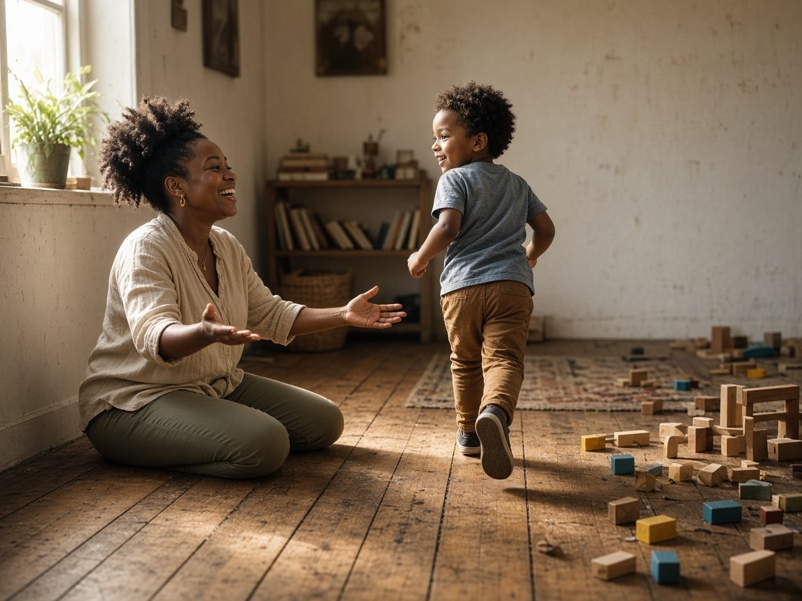 A mother sitting on a sunlit wooden floor opens her arms as her small son runs back toward her