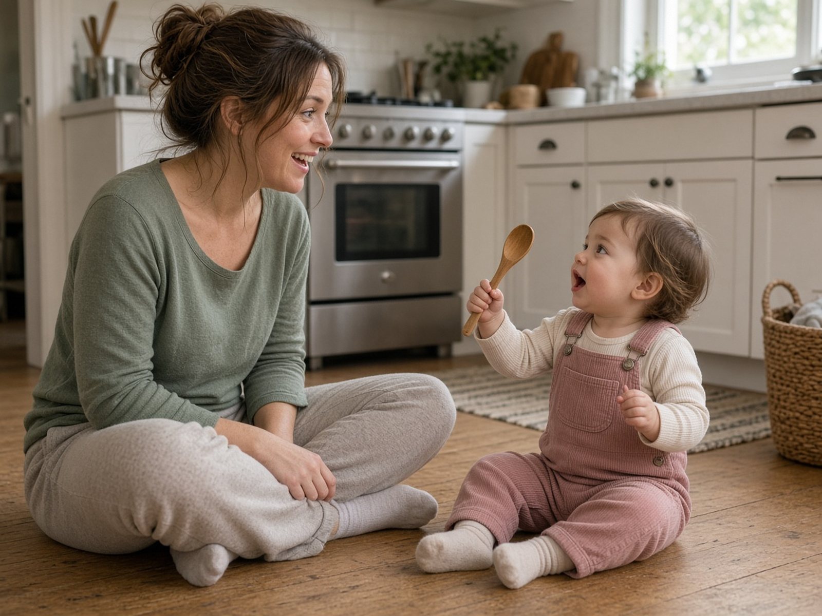 A mother on the kitchen floor answers her toddler, who holds up a wooden spoon and babbles at her