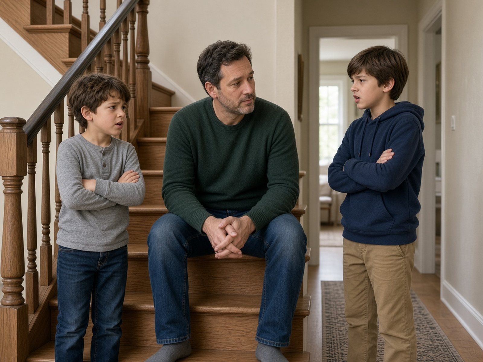 A father sits on the stairs between his two school-age sons, each telling his side of a fight