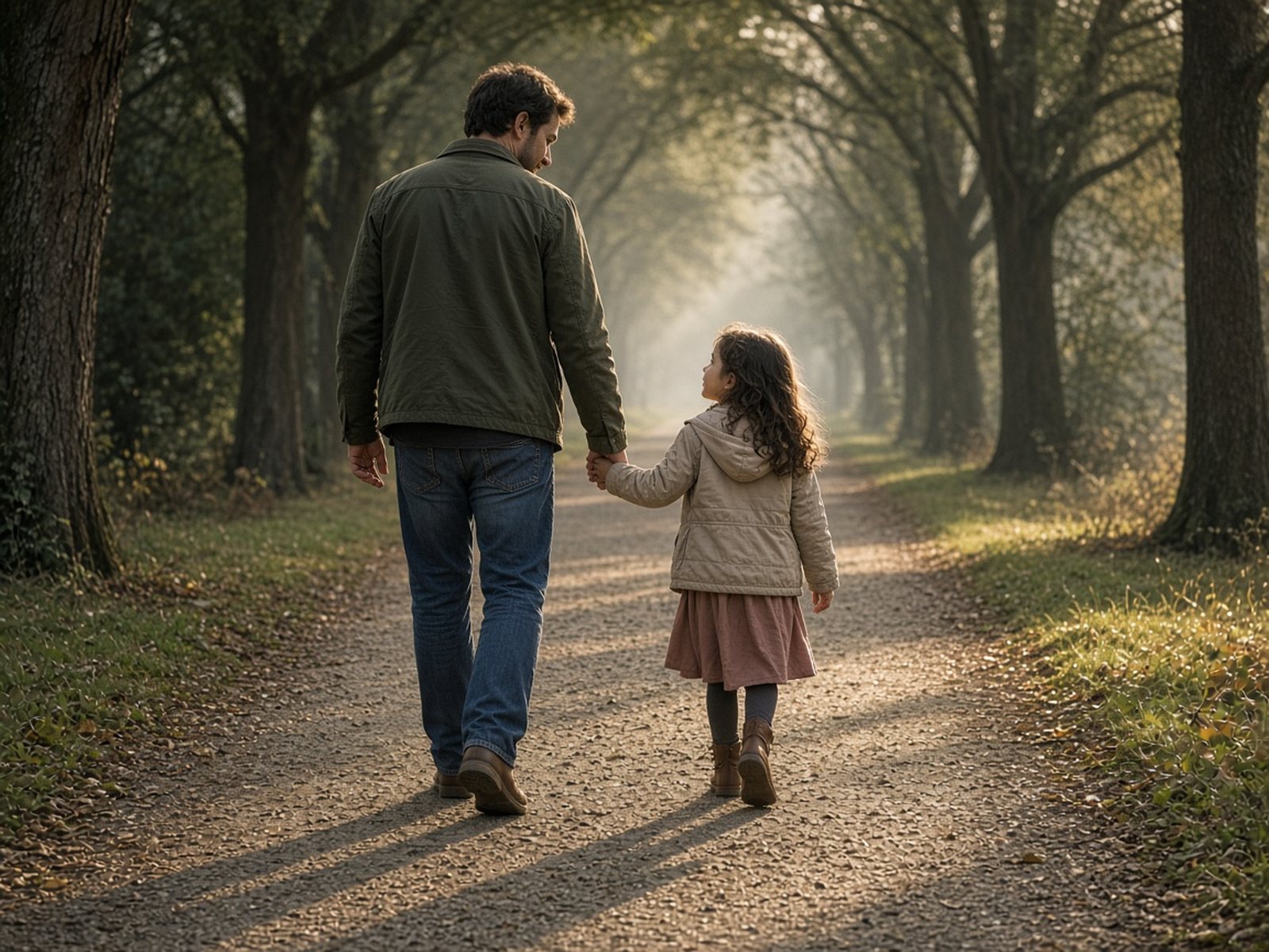 A father and his young daughter walk hand in hand down a tree-lined path in morning light