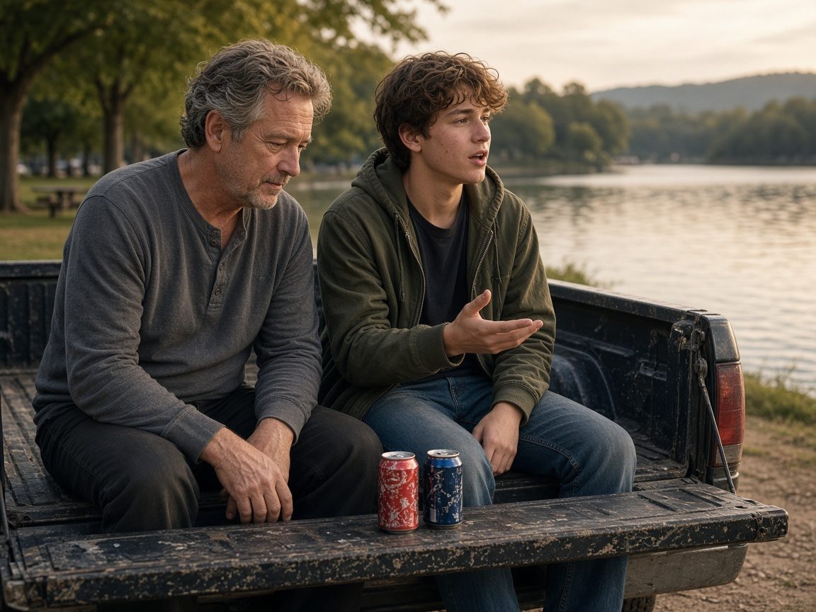A father and teenage son talk on the tailgate of a truck by a lake