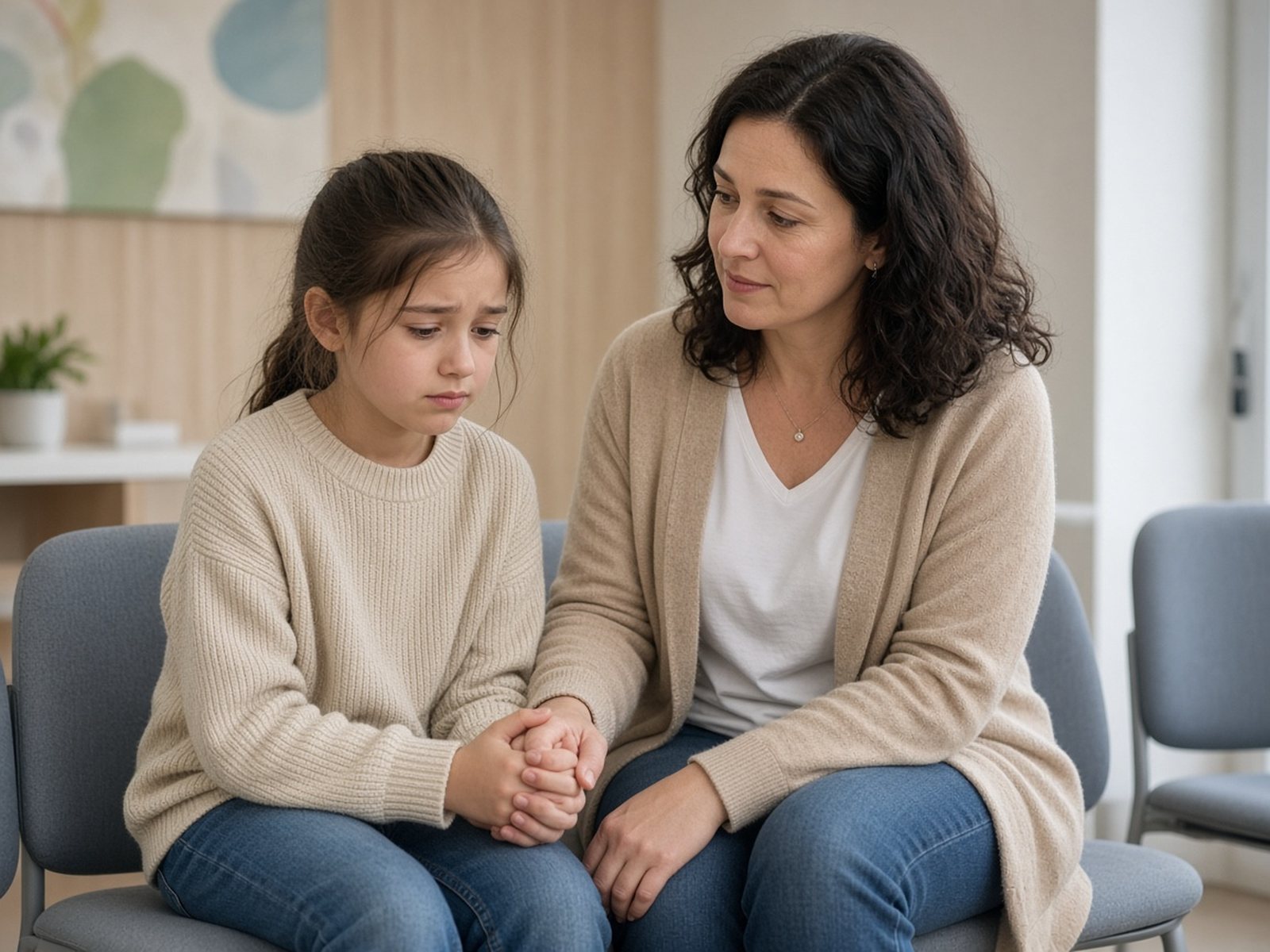 A girl holds her mother's hand tightly while waiting in a doctor's waiting room