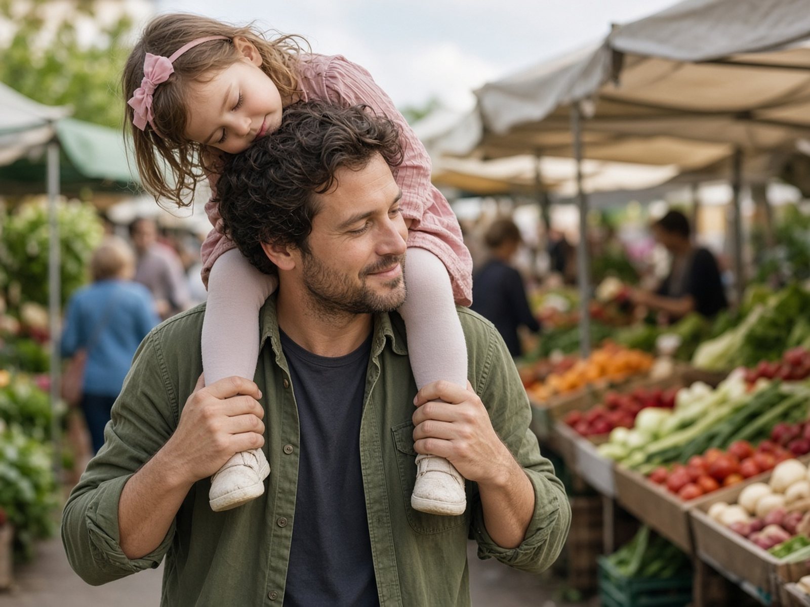 A father carries his sleepy preschool daughter on his shoulders through a market