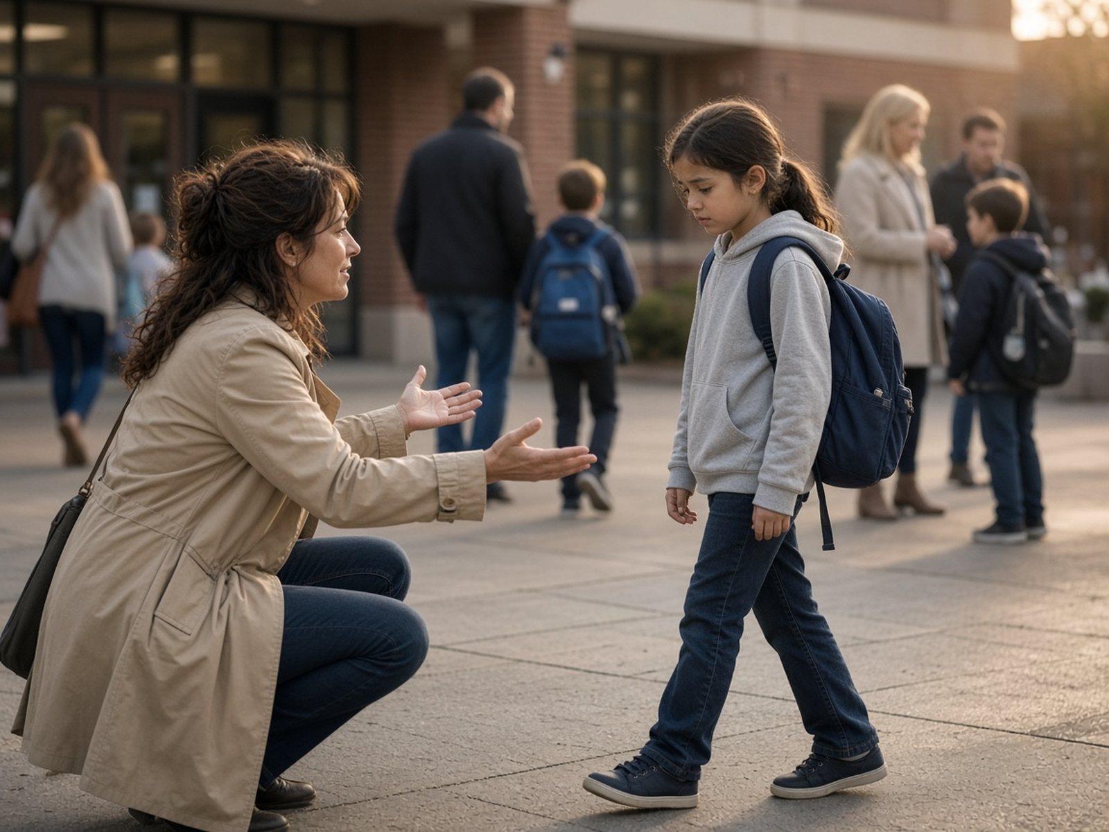A mother waits at the school pickup line and opens her arms to her daughter