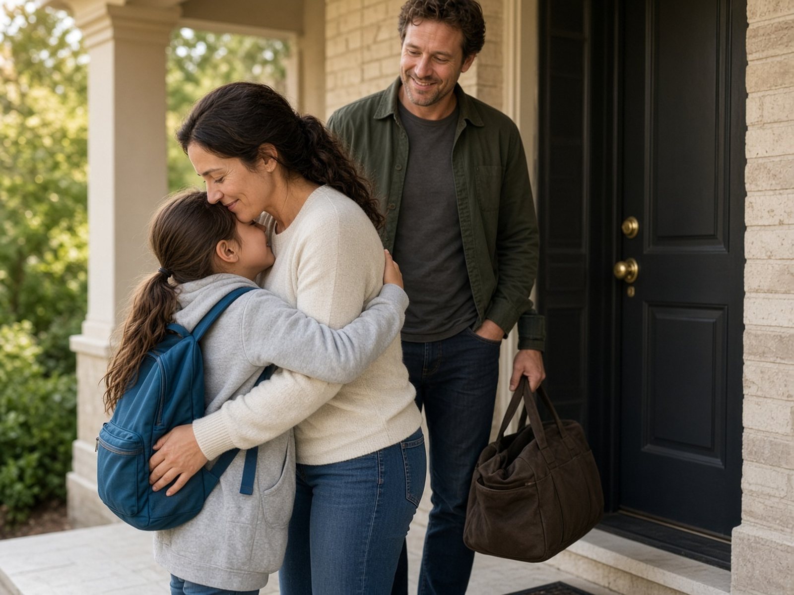 A child hugs her stepmother goodbye at a front door as her father looks on