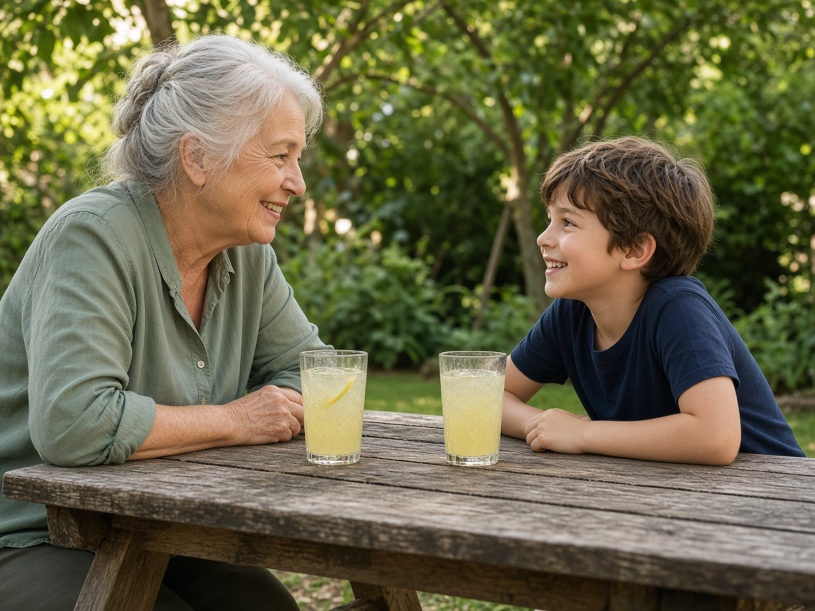 A grandmother and her grandson talk face to face across a picnic table in a backyard