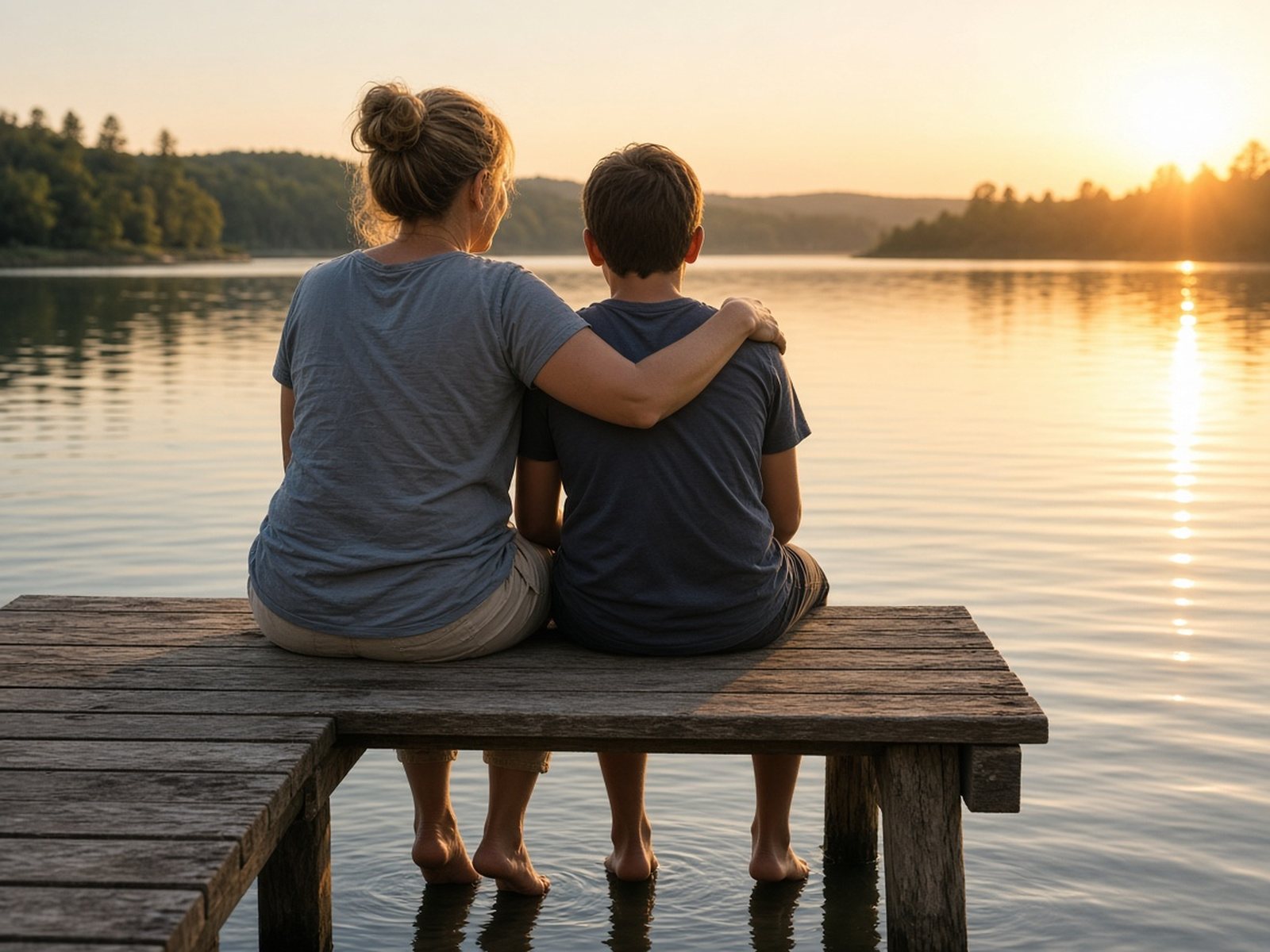 A mother and son sit on a dock with their feet in a lake at sunset