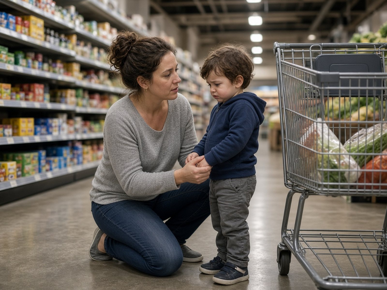 A mother kneels at eye level with her toddler in a grocery aisle, calmly holding his hands