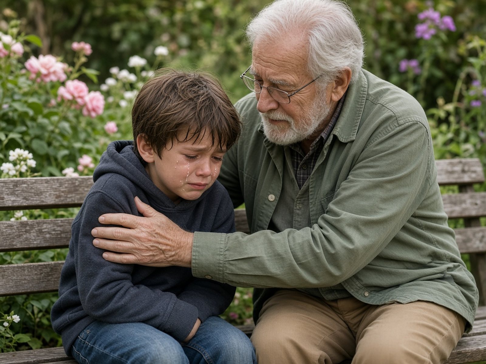 A little boy with a tear-streaked face is comforted by his grandfather on a garden bench