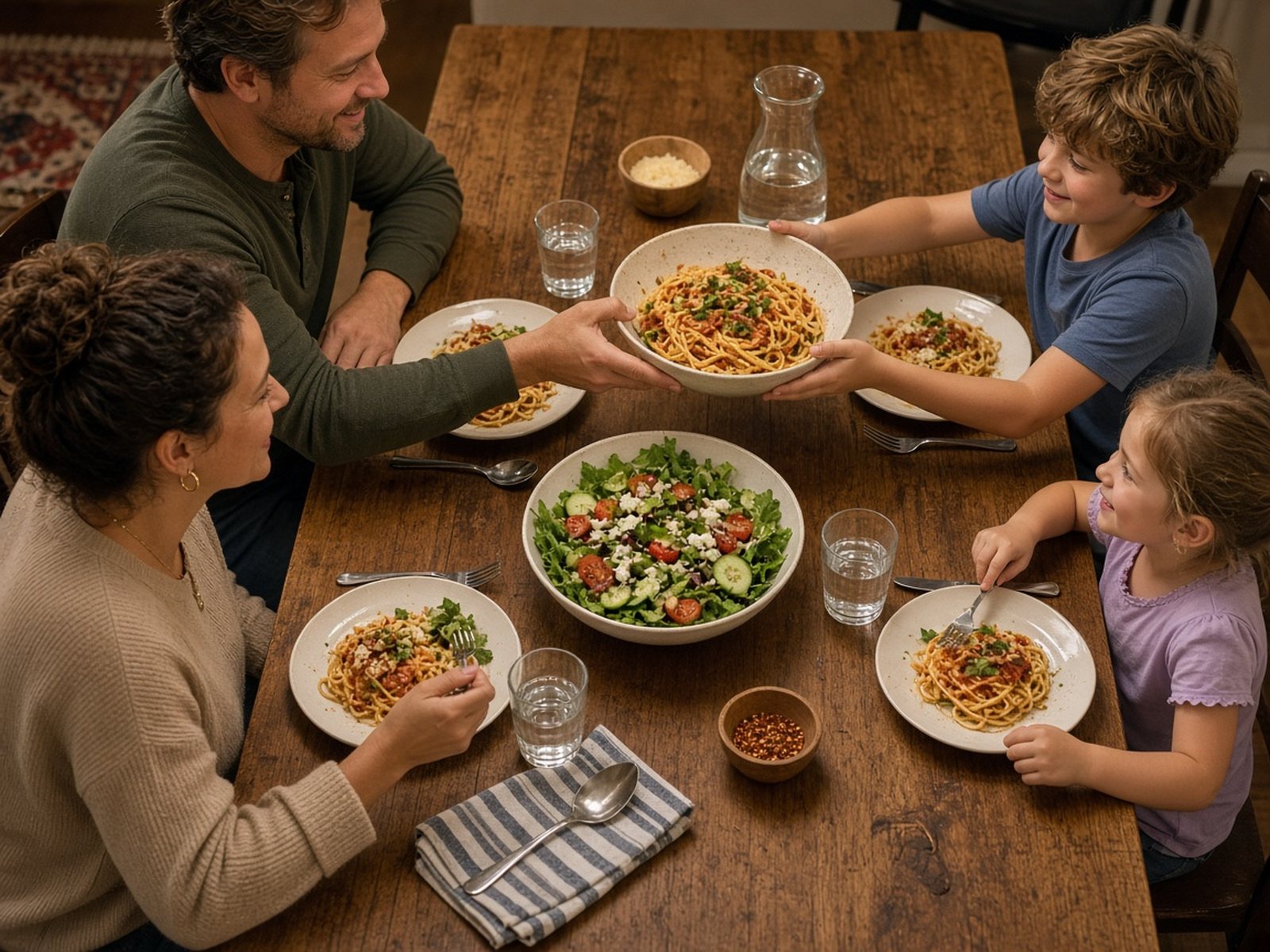 A family of four shares a meal of pasta at a wooden dinner table