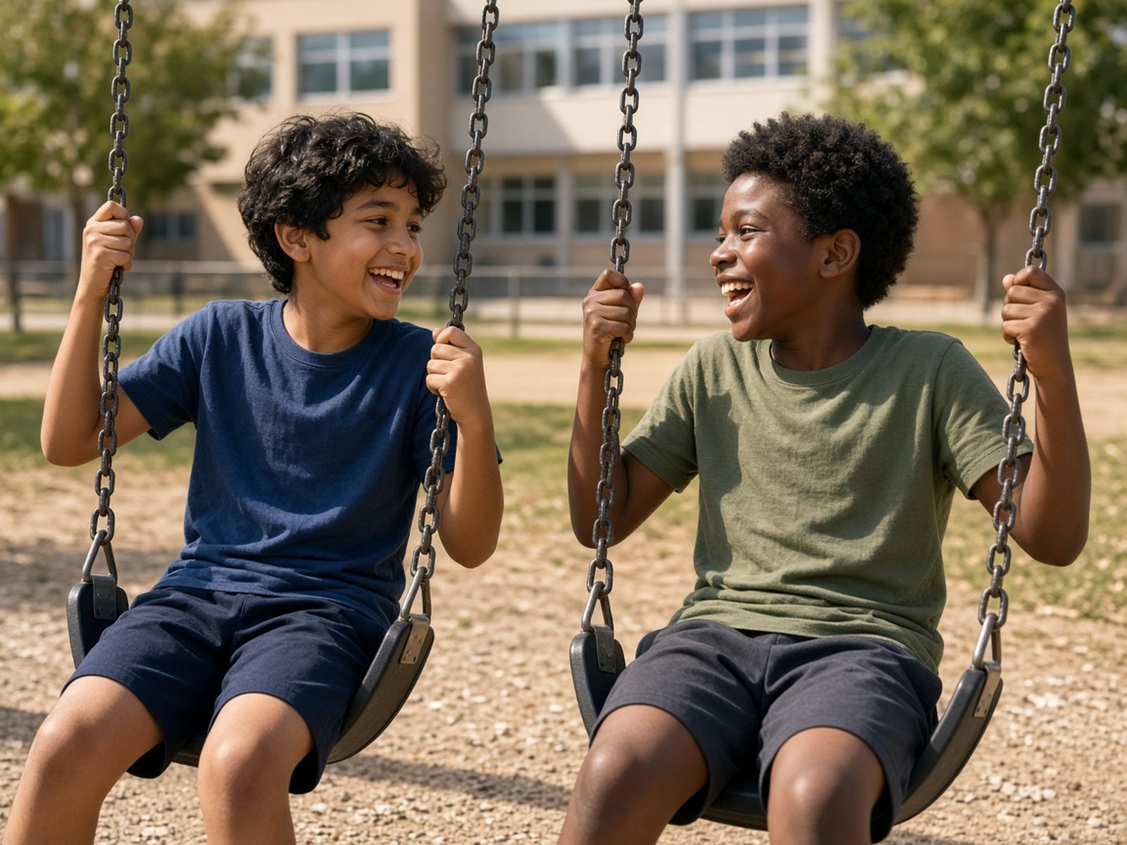 Two school-age boys laugh together on a playground swing set