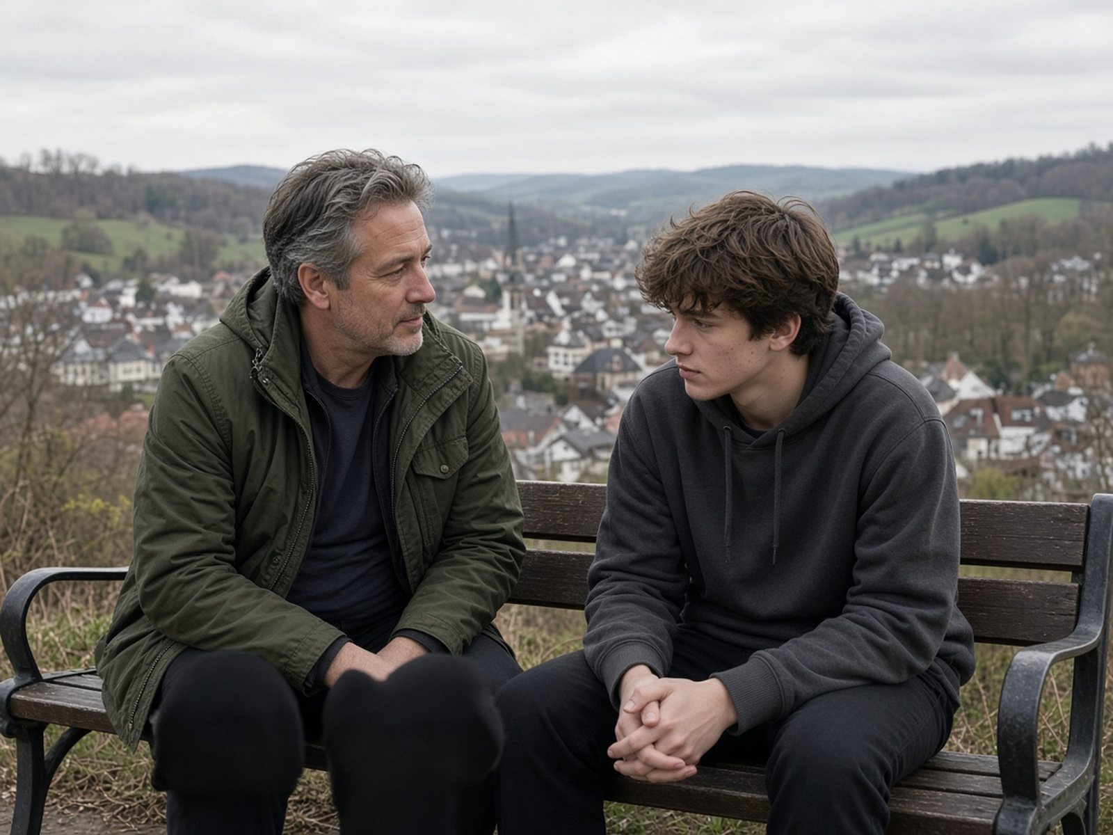 A father and teenage son sit together on a hillside bench overlooking a town