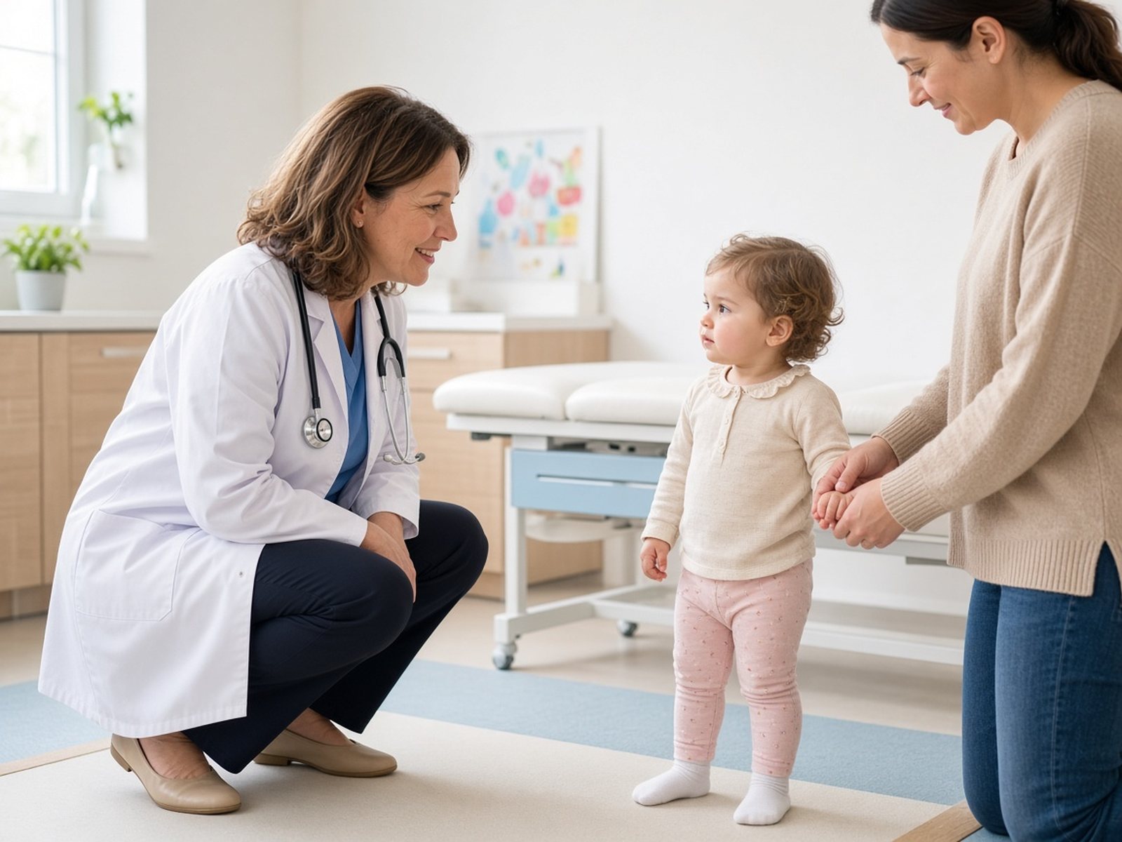 A pediatrician kneels to greet a toddler holding her mother's hand in a clinic