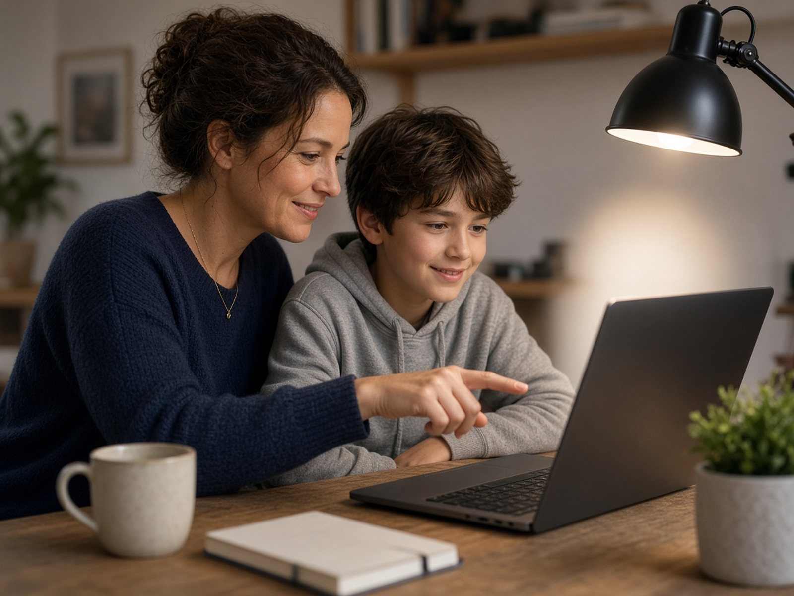A mother and her tween son sit together at a desk looking at a laptop screen