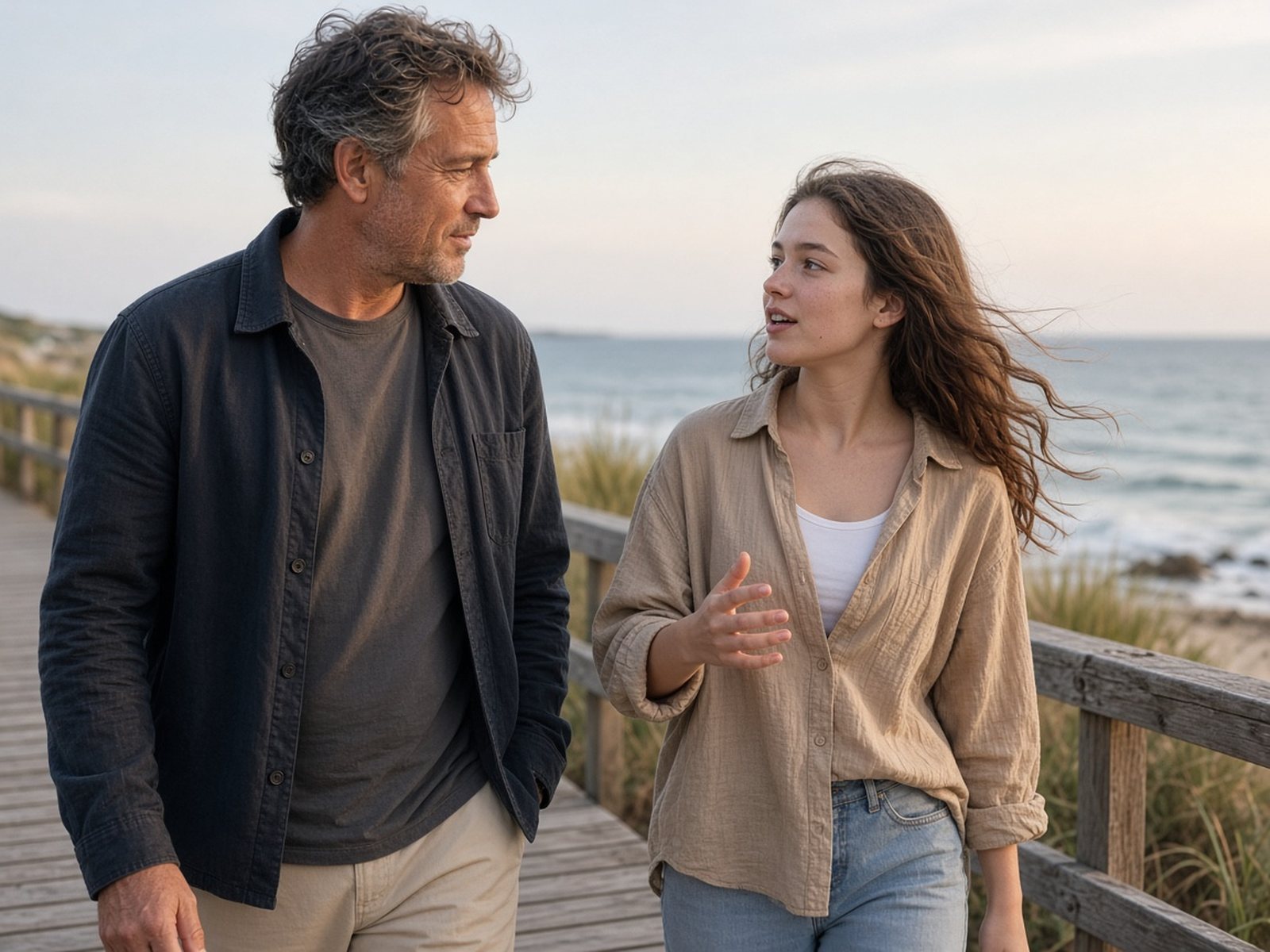 A father and his teenage daughter talk while walking along a beach boardwalk