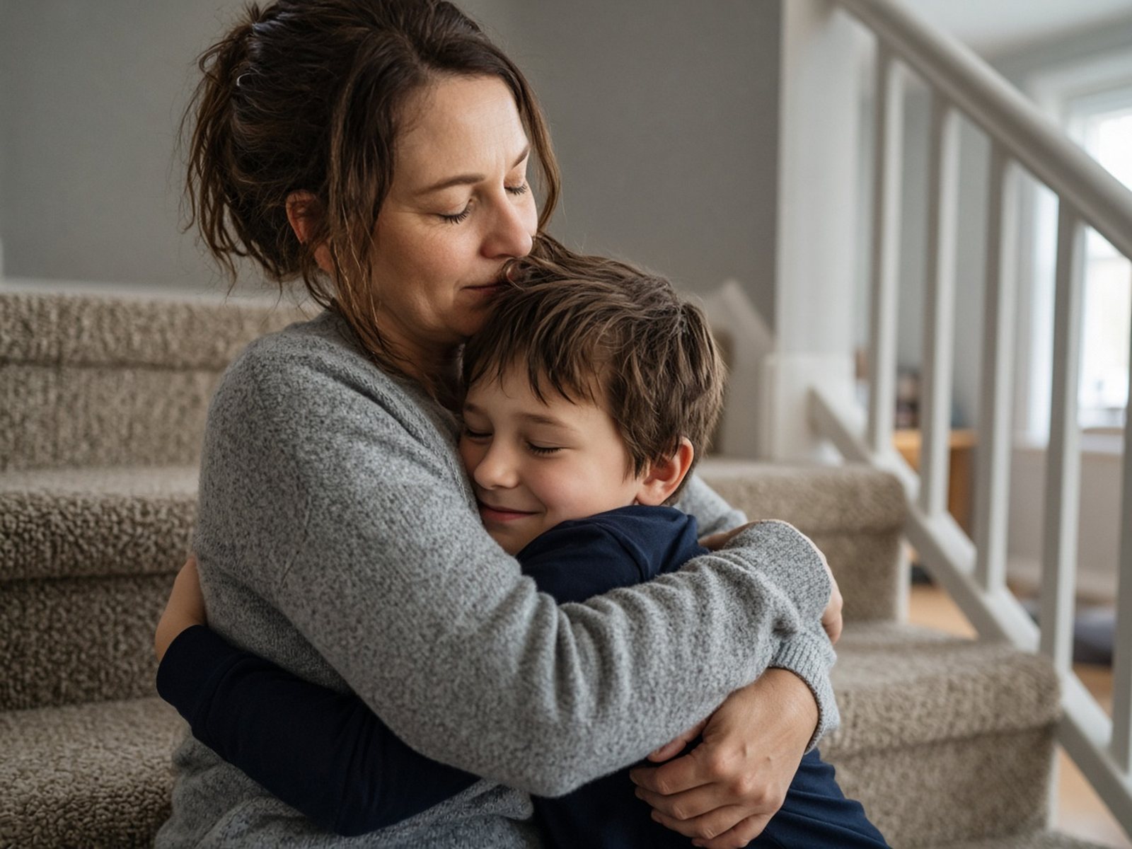 A mother sits on the stairs hugging her school-age son after an argument