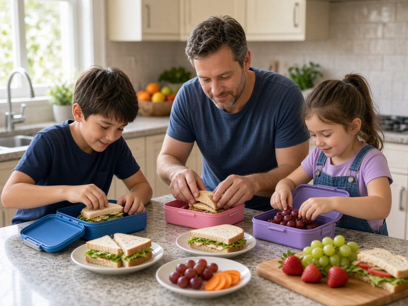 A father and two kids pack school lunches at a kitchen counter in the morning