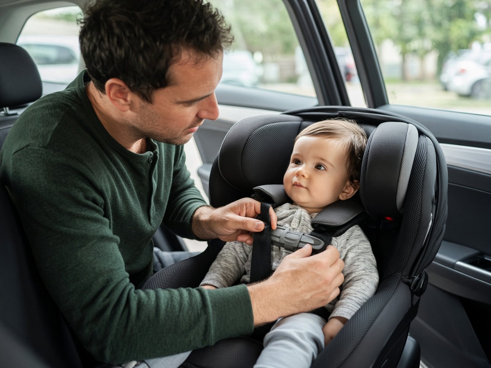 A father fastens the harness on his baby's car seat in the back of a car