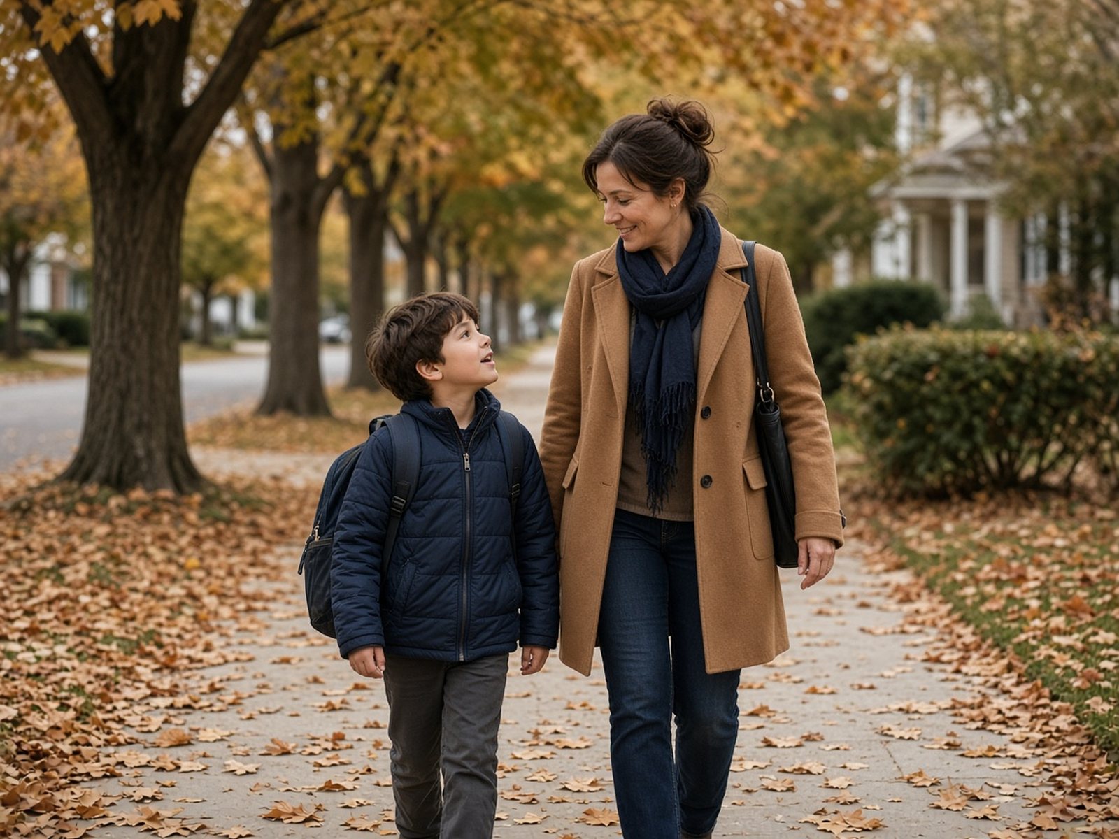 A mother and her son walk to school together carrying a backpack on a sidewalk