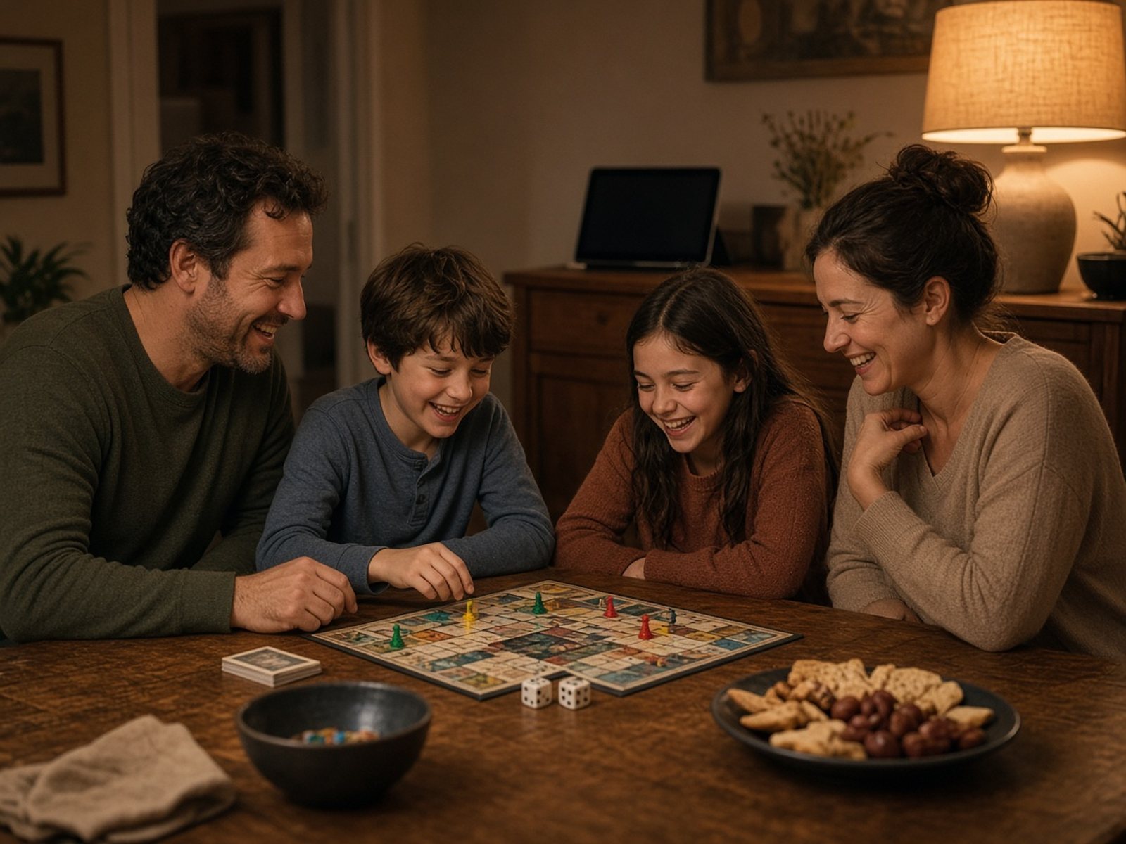 A family plays a board game at a table while a tablet sits switched off on a shelf