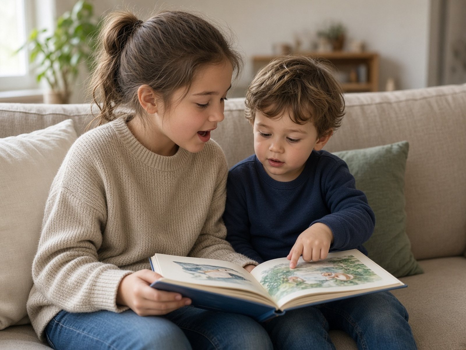 An older sister reads a picture book to her little brother on a couch