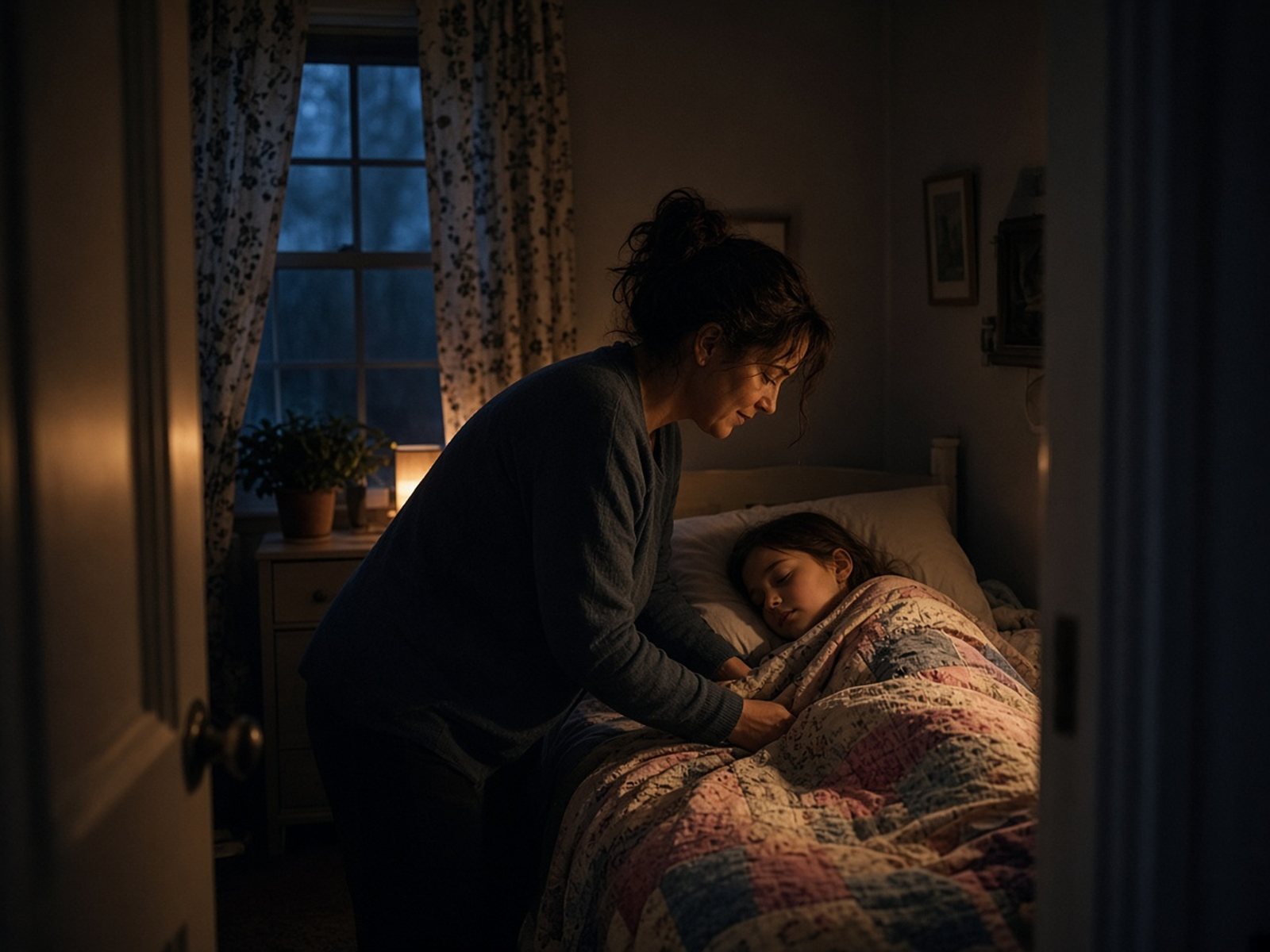 A mother tucks a quilt around her sleeping school-age daughter at night