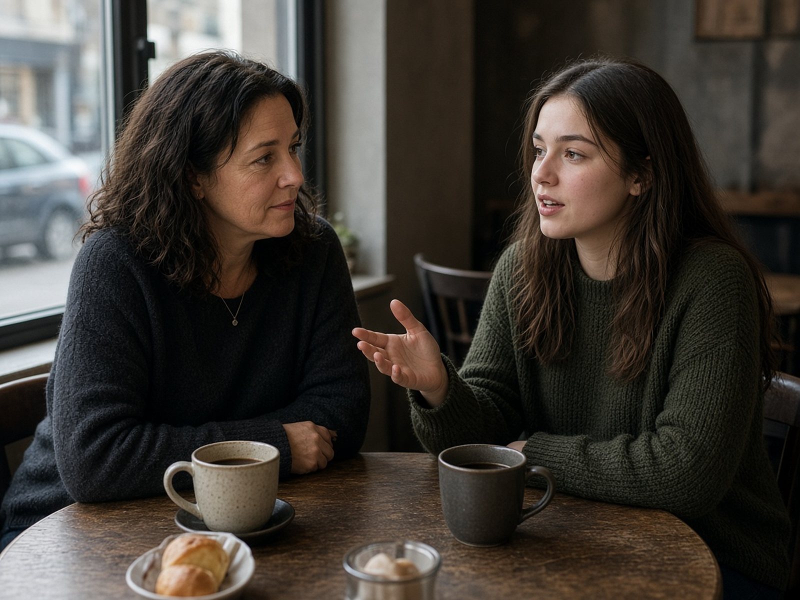 A mother and her teenage daughter talk at a coffee shop table