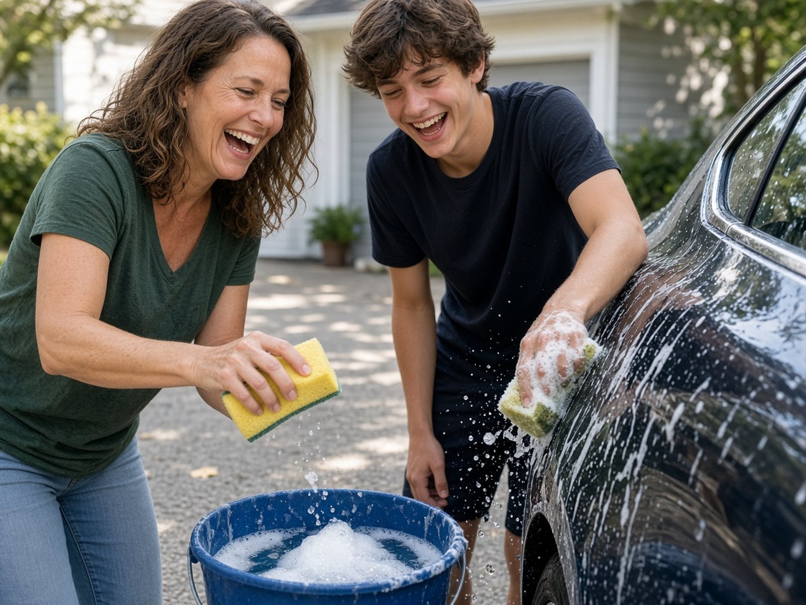 A mother and her teenage son share a laugh while washing a car in the driveway