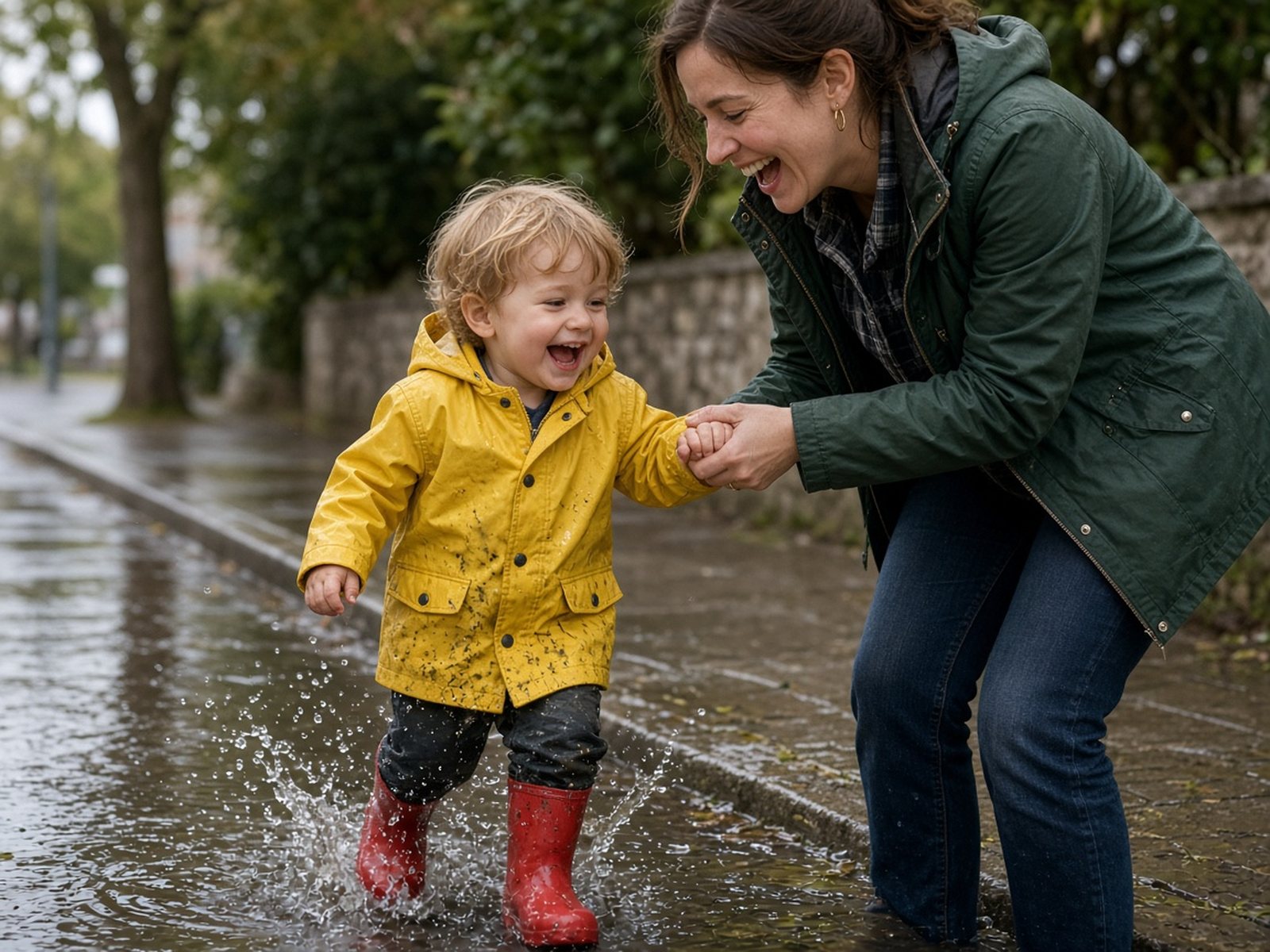 A toddler in rain boots splashes in a puddle while his mother holds his hand