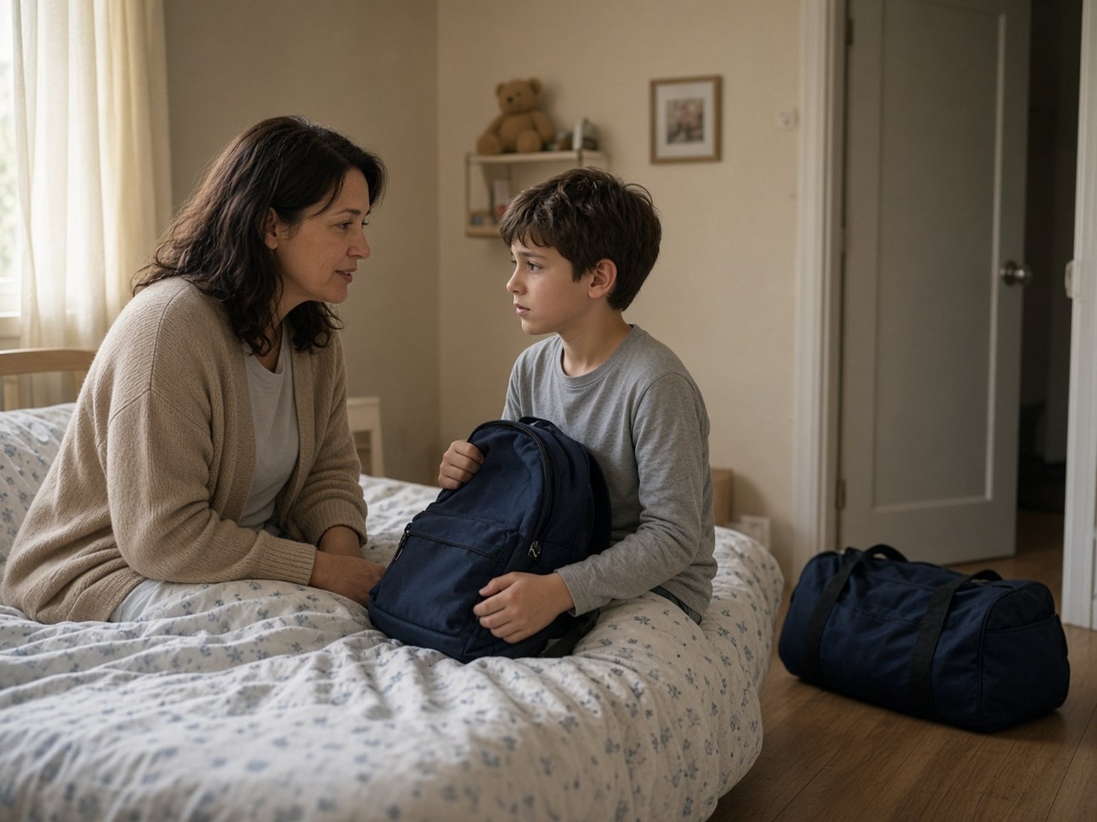 A mother sits on her son's bed talking gently with him as he holds a backpack, with a packed duffel bag by the door