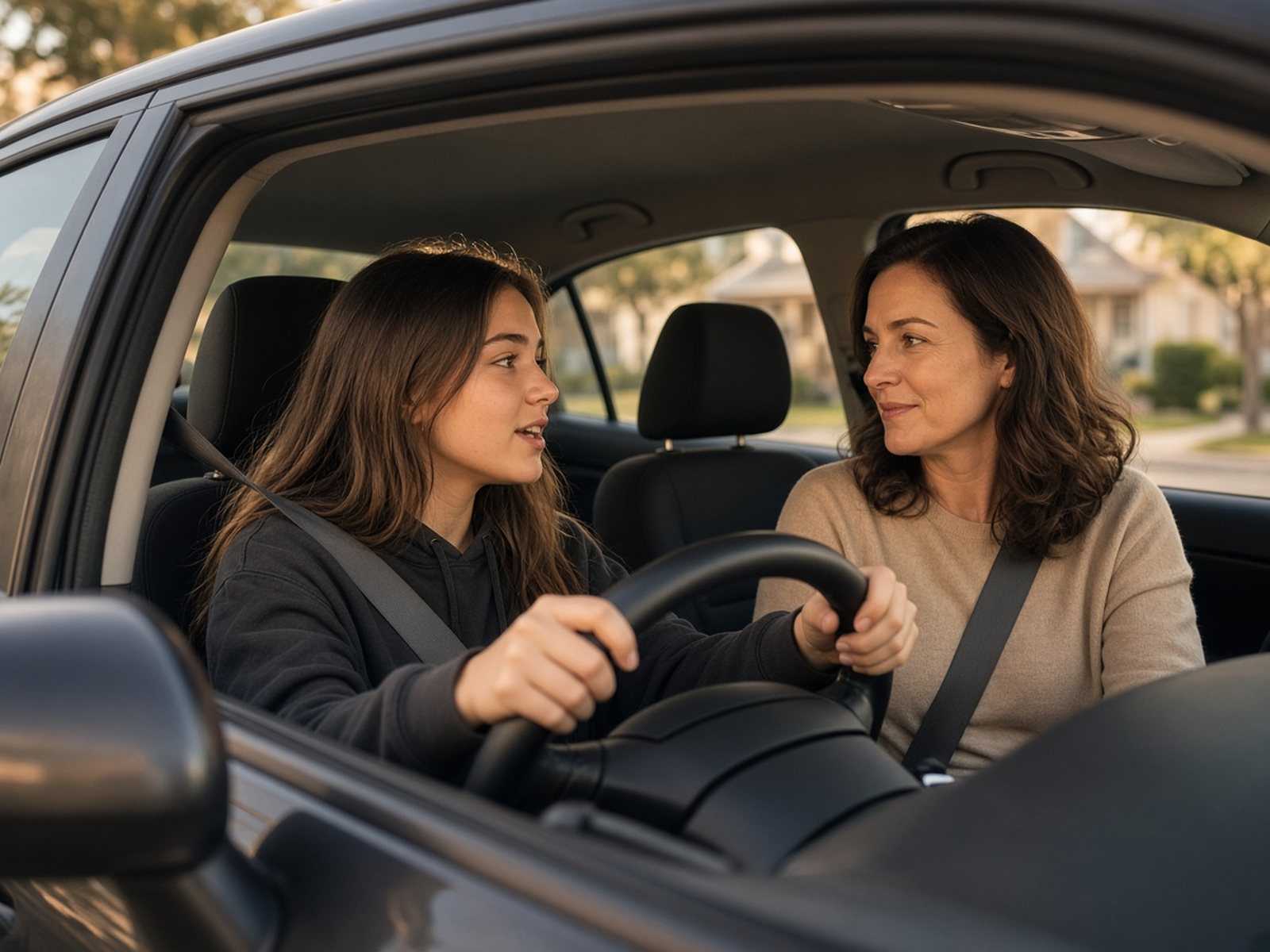 A mother in the passenger seat listens as her teenage daughter, buckled in behind the wheel, talks during a driving lesson