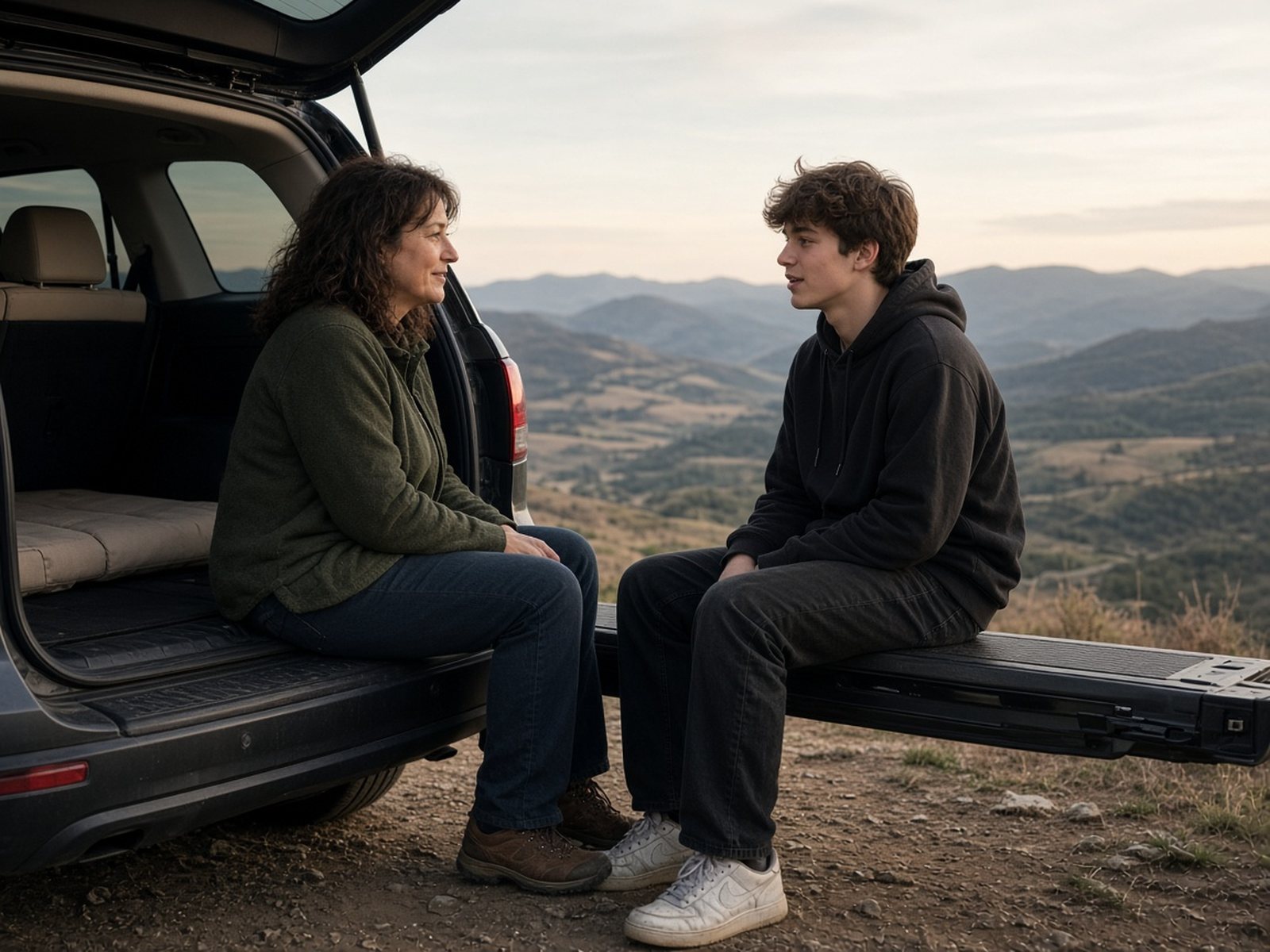 A mother and her teenage son talk while sitting on the tailgate of a car at a quiet overlook
