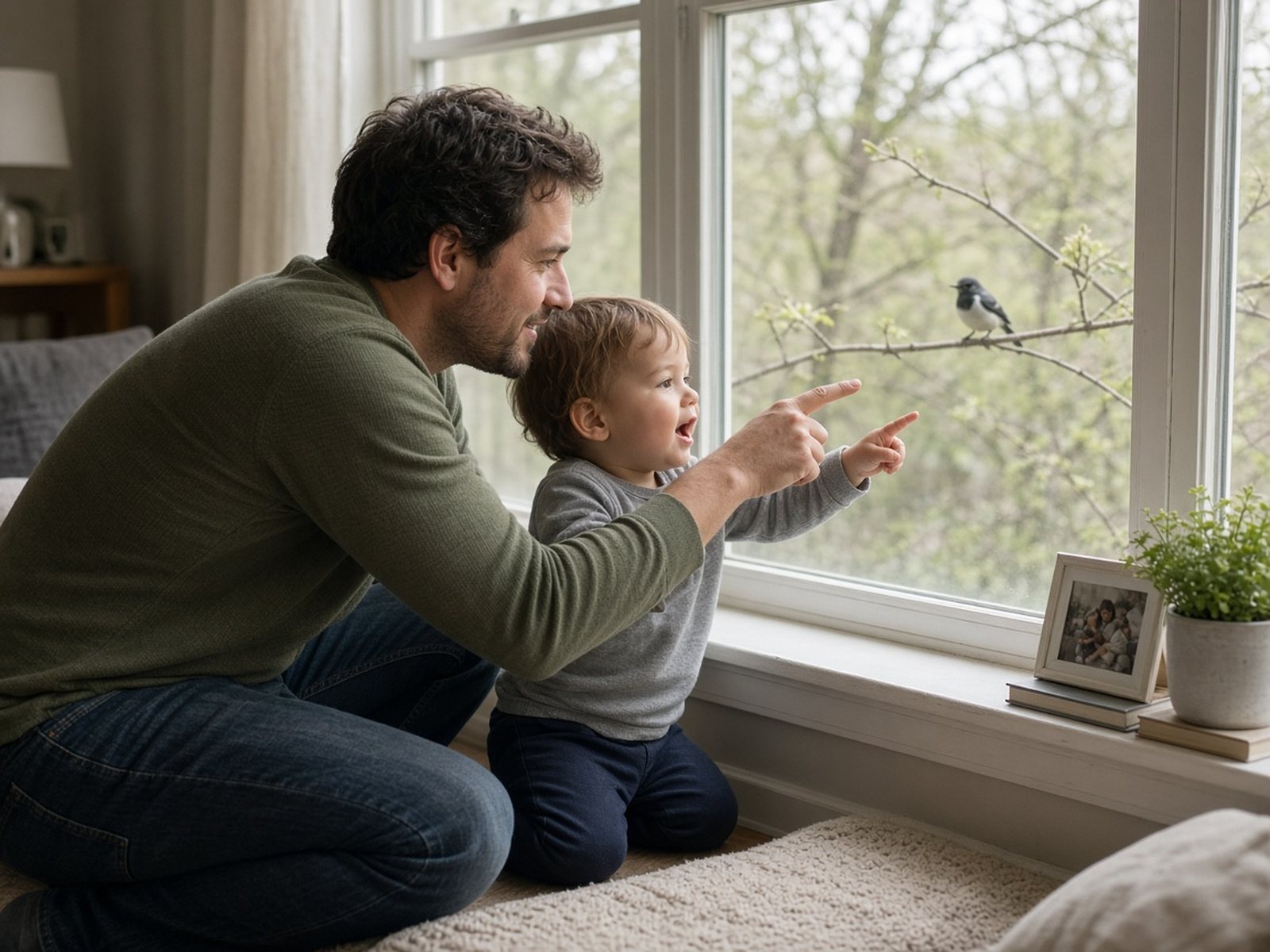 A father crouches beside his toddler son at the window, pointing out a bird as the boy babbles