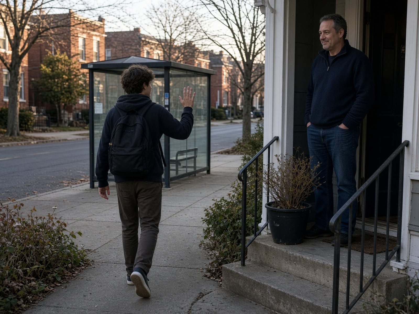 A teenage boy with a backpack waves goodbye as he walks toward a bus stop while his father watches from the front steps