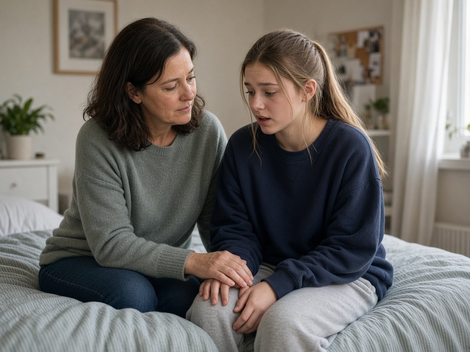 A mother sits on the bed beside her teenage daughter, holding her hand as she listens