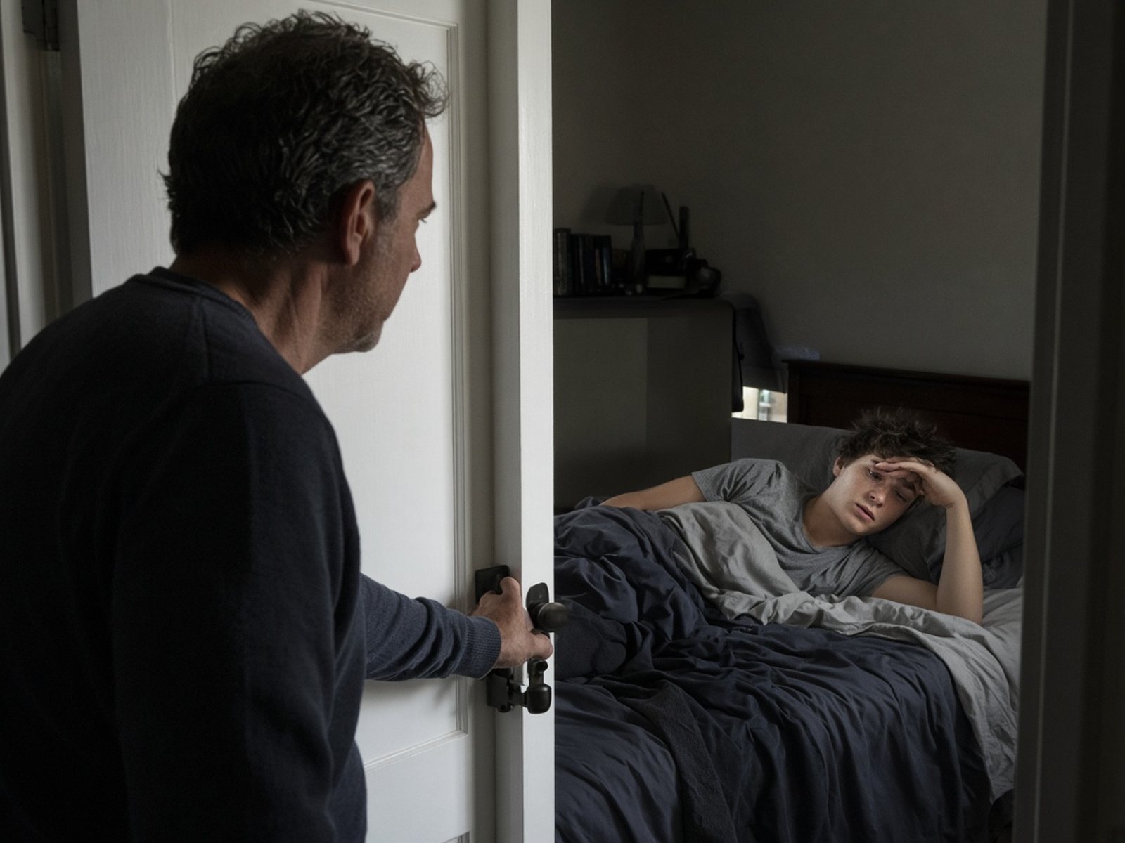 A father knocks gently and opens the door of his teenage son's dim bedroom in the morning as the boy stirs under the covers