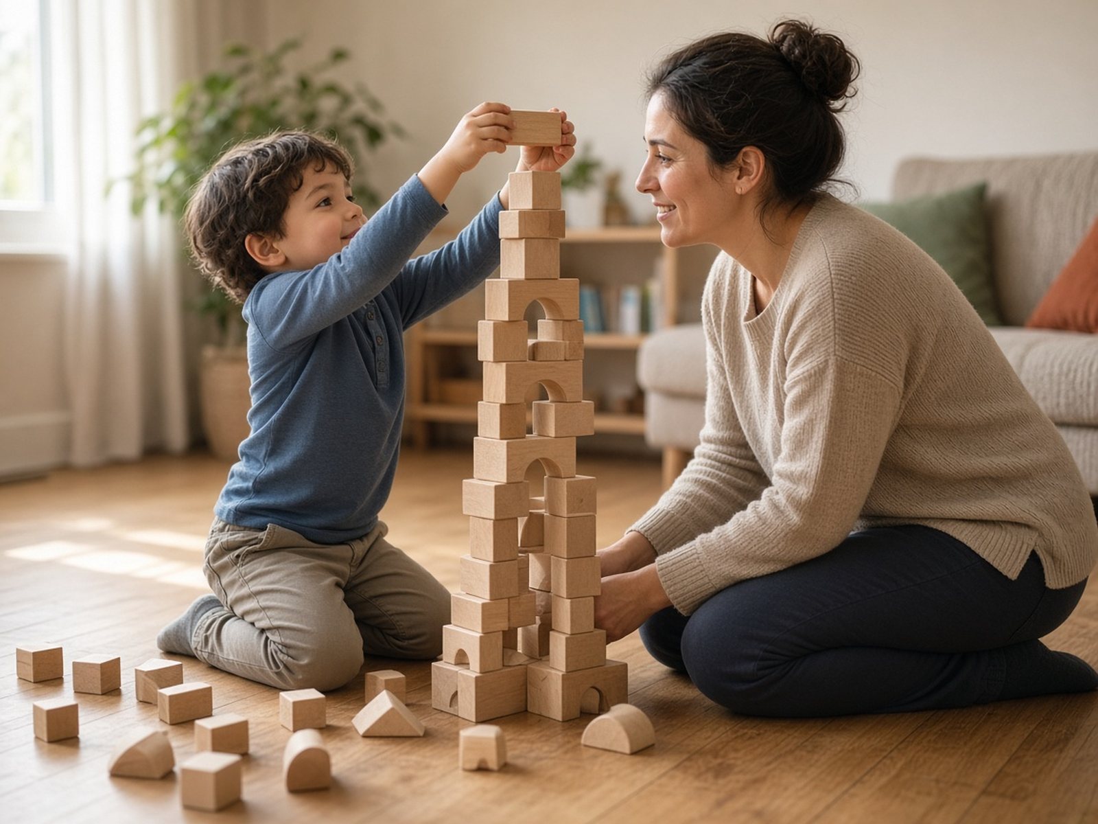 A mother and her preschool son kneel on the living room floor building a tall tower of wooden blocks