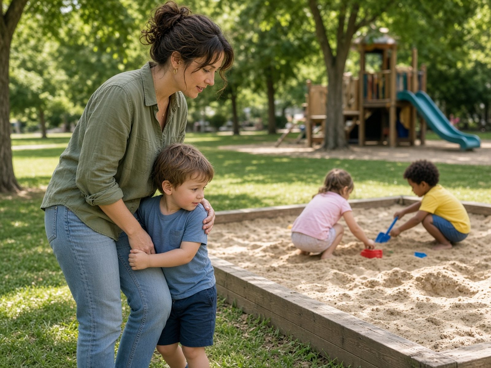 A shy preschool boy holds onto his mother's leg at a park while she gently encourages him toward children playing