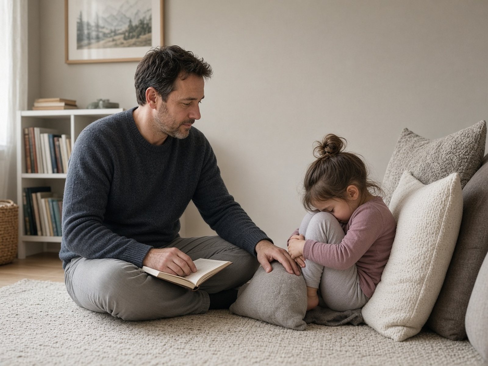 A father sits on the floor beside his upset preschool daughter in a quiet corner, calmly waiting with her as she settles