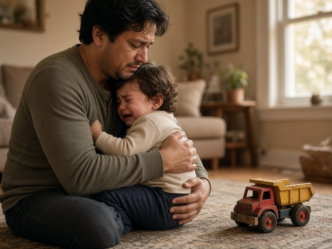 A father on the living-room rug holds his crying toddler close after a tantrum
