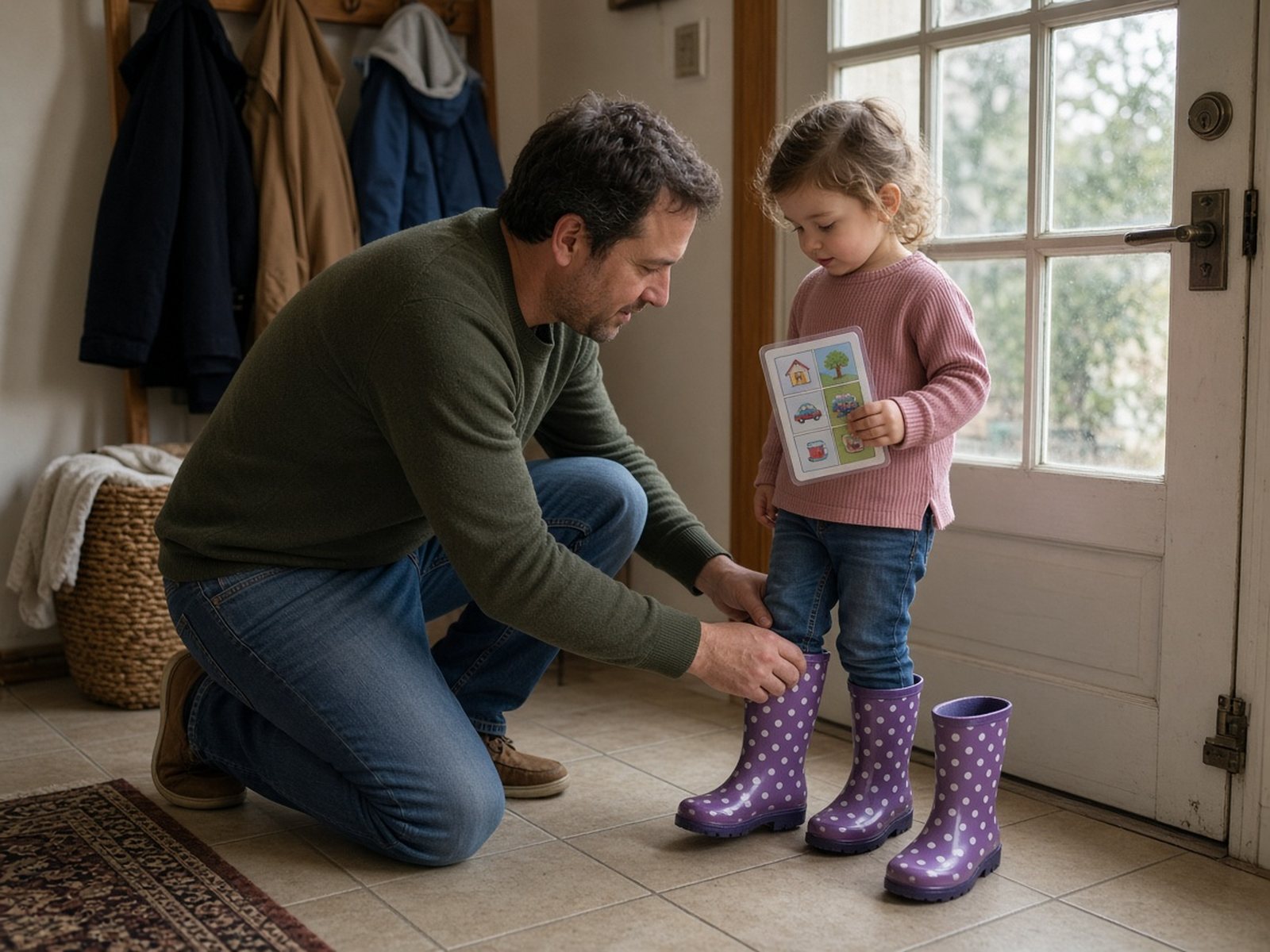 A father kneels in an entryway helping his preschool daughter into rain boots while she holds a picture schedule card