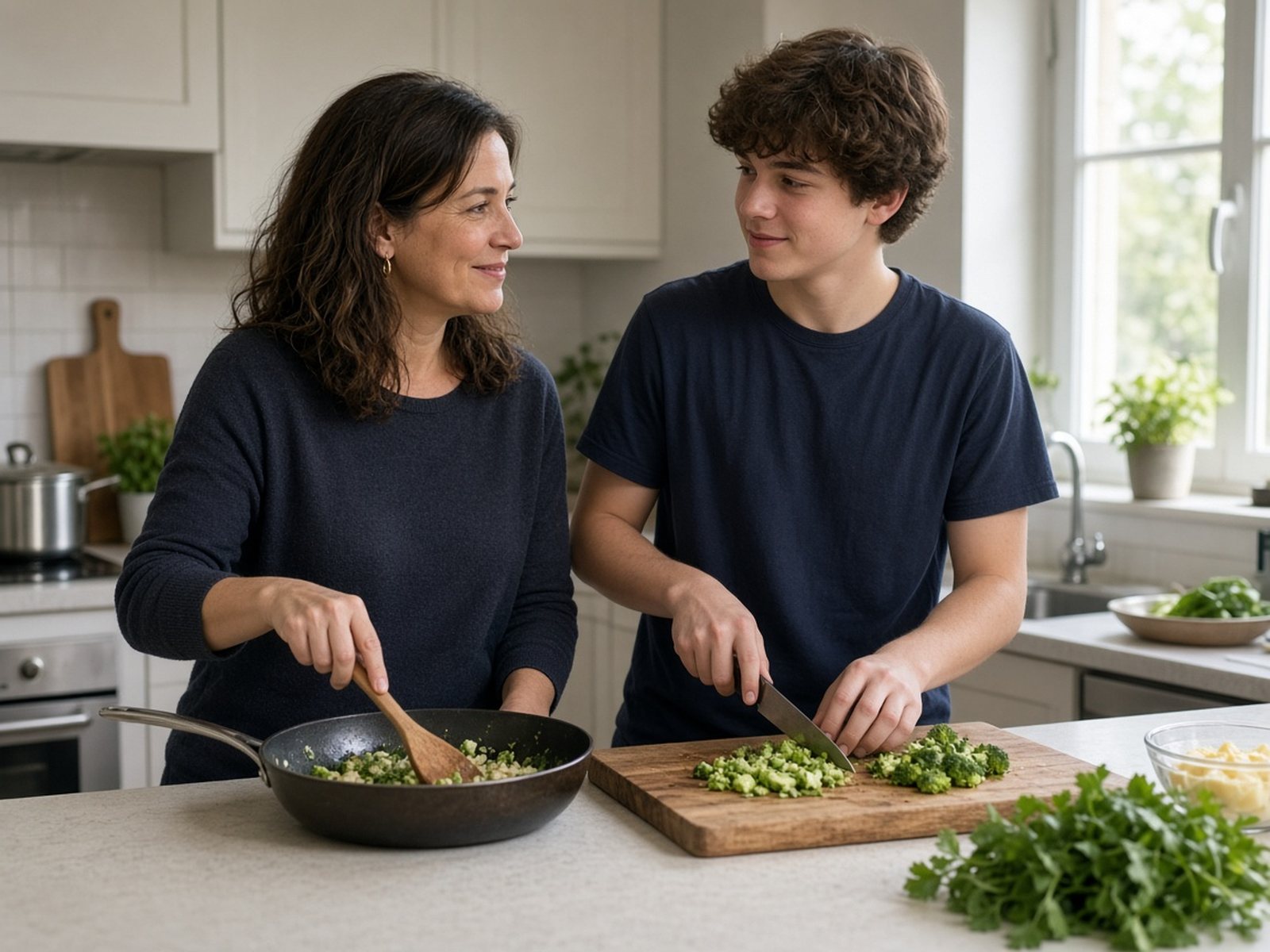 A mother and her teenage son talk while cooking dinner together in the kitchen