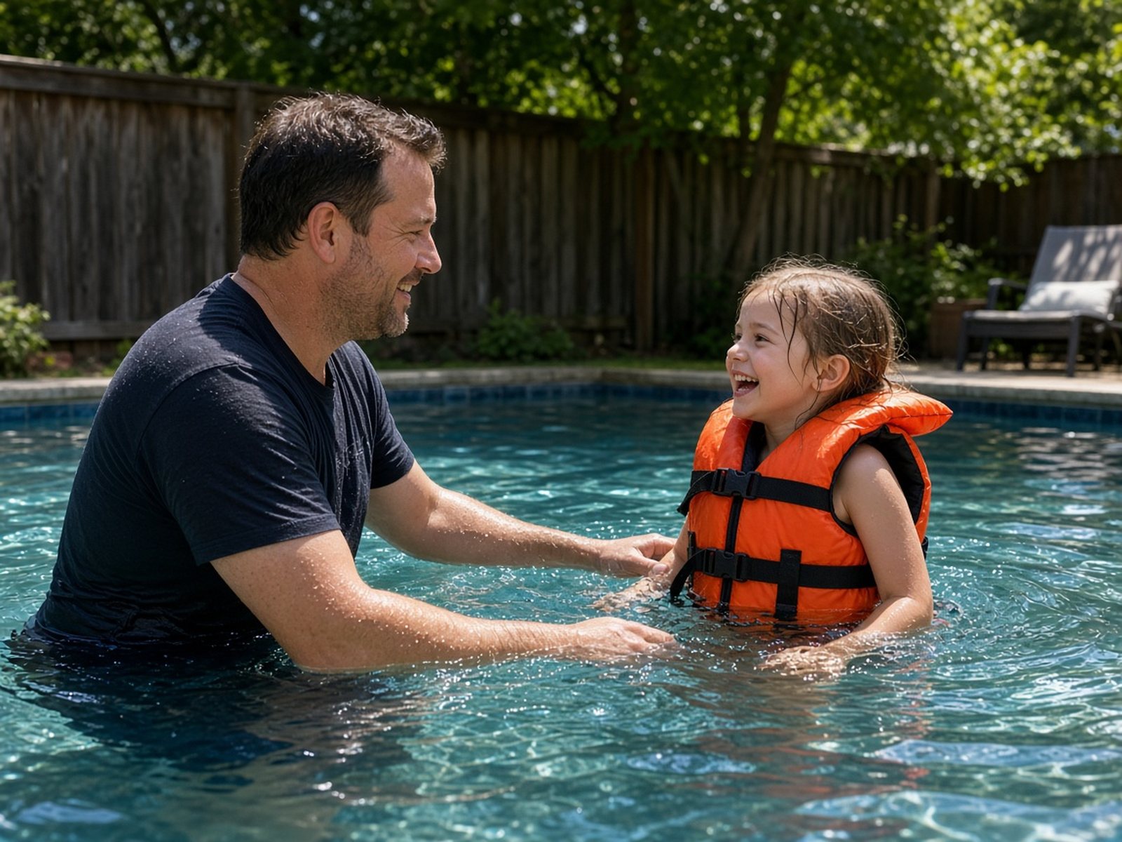 A father stands waist-deep in a pool within arm's reach of his young daughter, who is wearing a life jacket and smiling