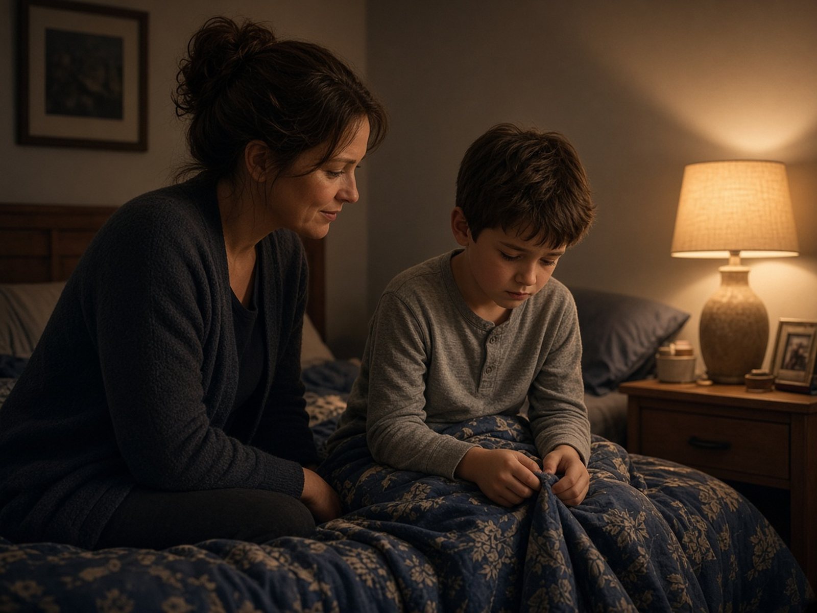 A mother sits on the edge of her son's bed, listening calmly as the boy admits something with his head down