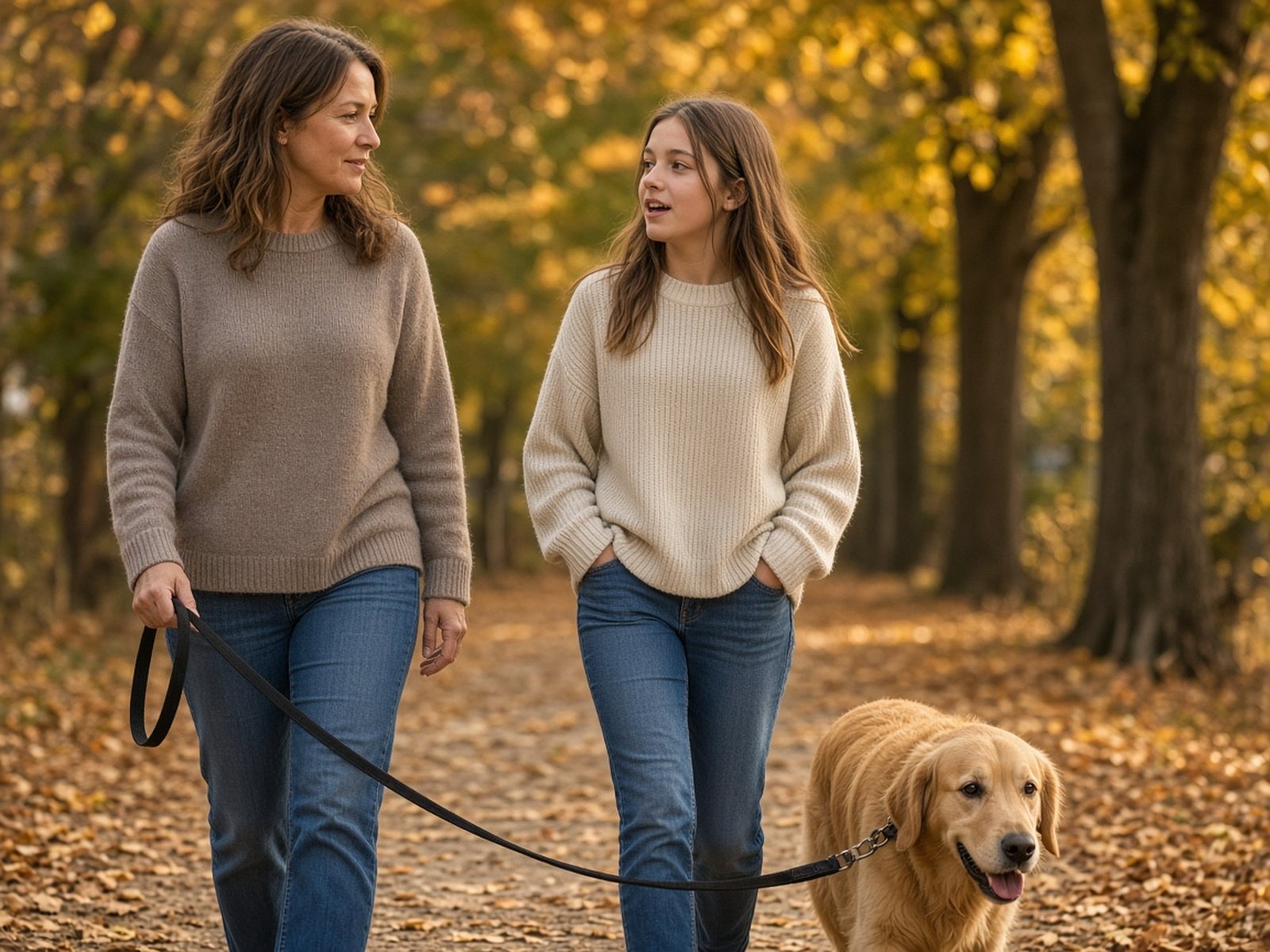 A mother and her daughter talk while walking the dog on a leaf-covered trail