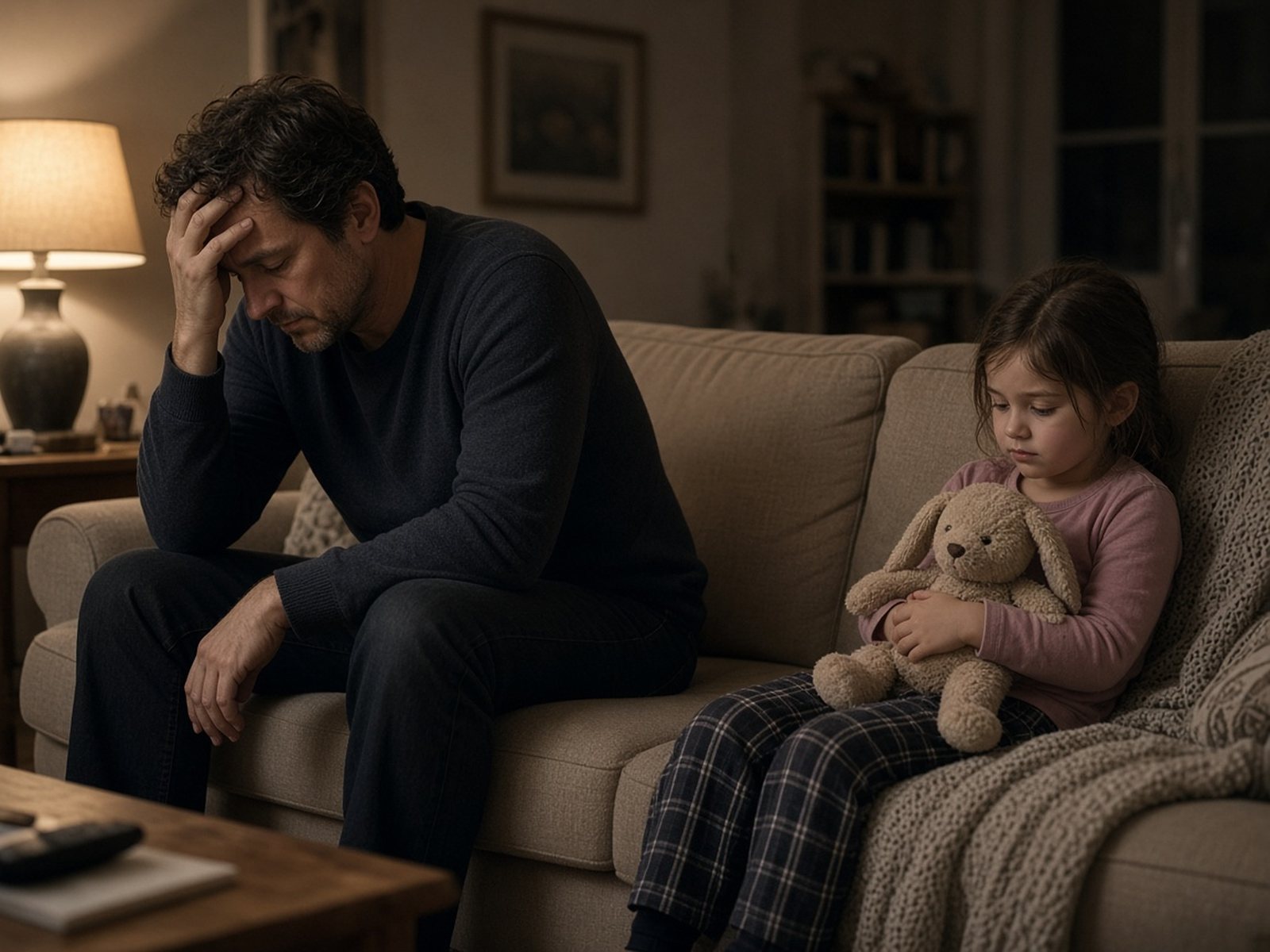 A tired father sits on a couch with his hand on his forehead while his young daughter sits nearby holding a stuffed rabbit