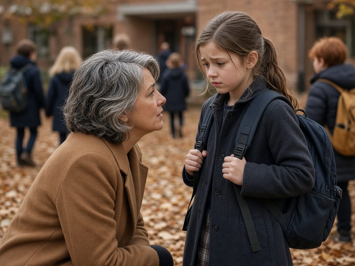 A mother kneels to reassure her nervous daughter at the school gate