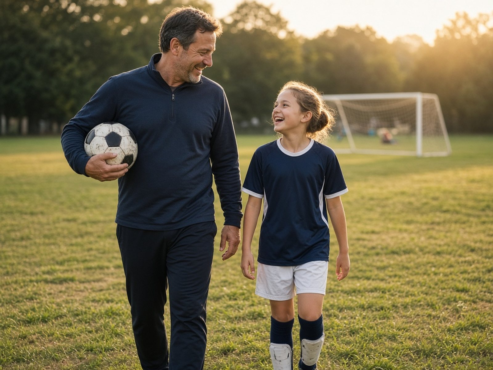 A father and his young daughter in a soccer uniform walk off a grassy field together after a game, sharing a laugh